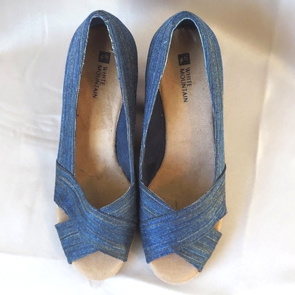 White‎ Mountain Shoes, Size 9, Blue Open Toe, Wedge Heel, Espadrille Style, New!